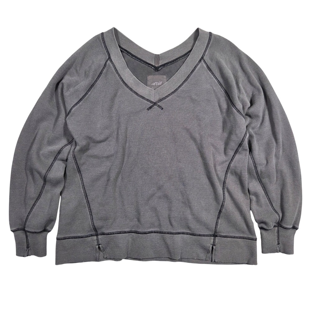 Aerie Women Small Oversized V-Neck Waffle Knit Raglan Sweatshirt‎ Lounge Preppy